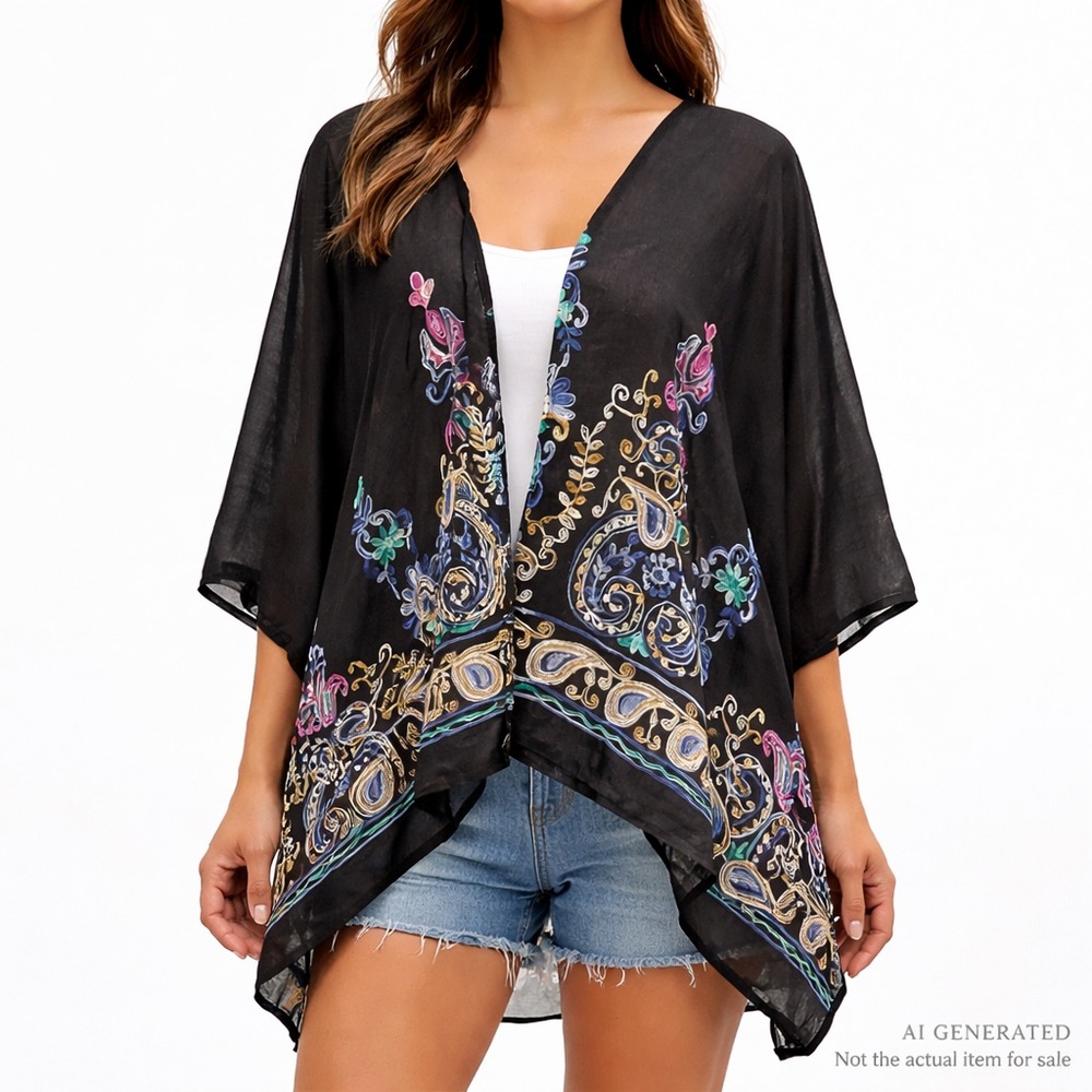 Black Embroidered Lightweight Kimono Poncho | One Size | Boho Layering